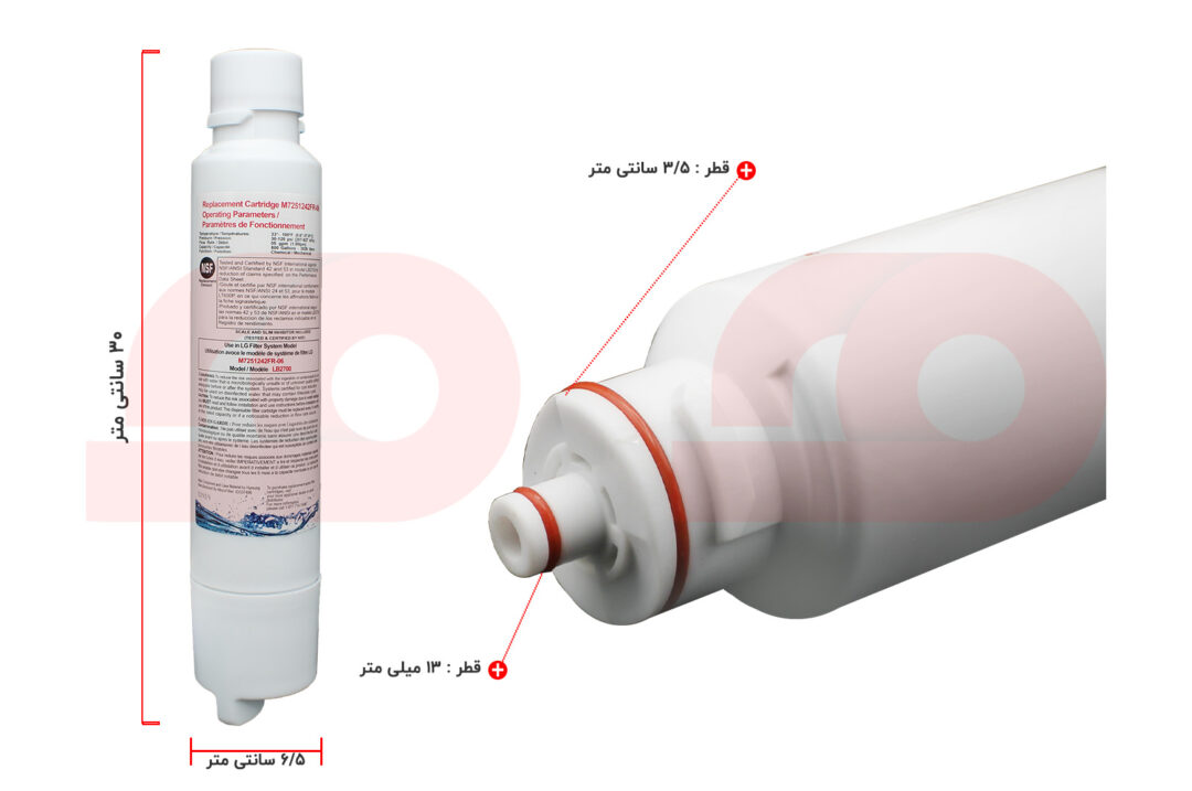راهنمای ابعاد محل اتصال فیلتر یخچال ساید بای ساید الجی مدل LB 2700